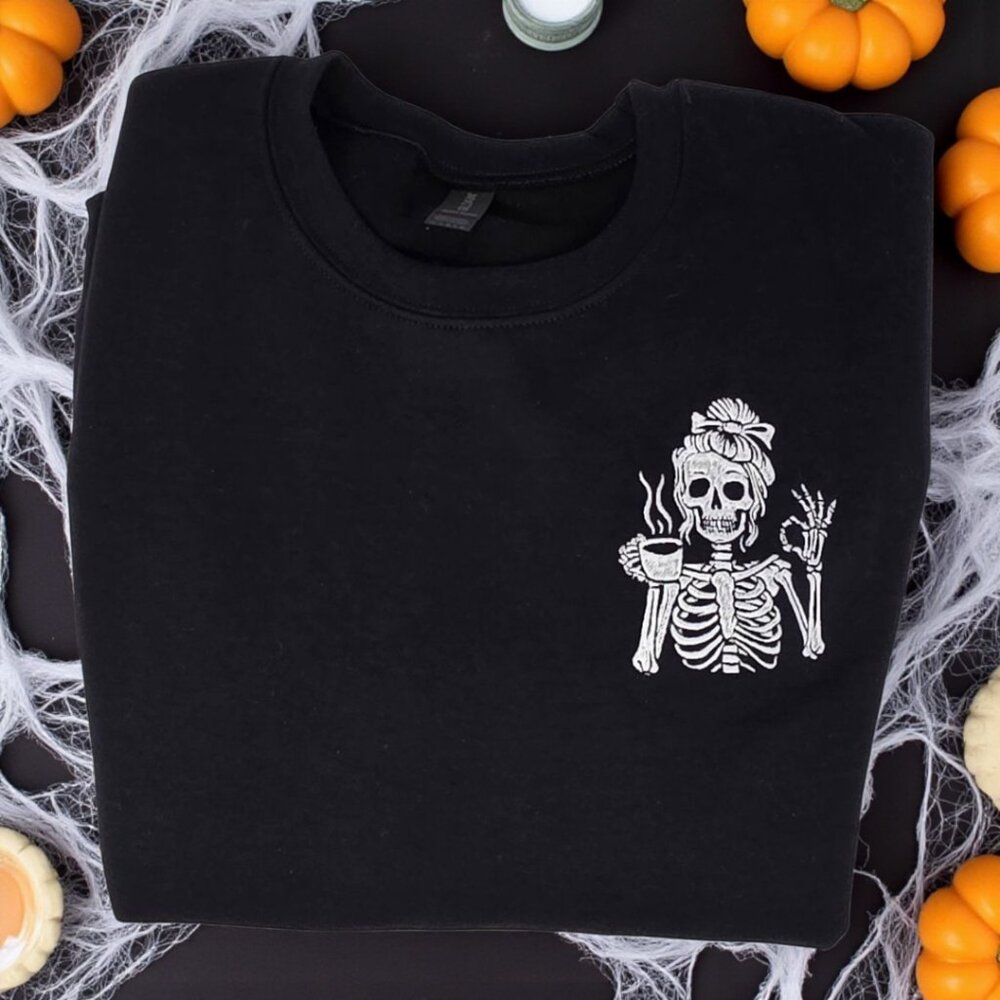 Embroidered Skeleton Crewneck Sweatshirt Fall, Halloween and Year Round Style